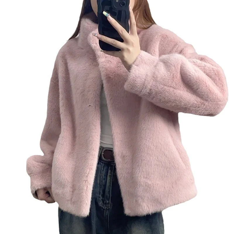 Fur-integrated Short Stand Collar Mink Fur-like Women's Coat 2025 Autumn and Winter Fashion Commuter Faux Fur