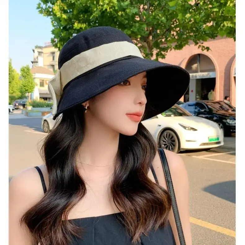 Linen Fisherman's Hat Women's Light Luxury Elegant Bow Sunscreen Hat Korean Summer Sun Hat