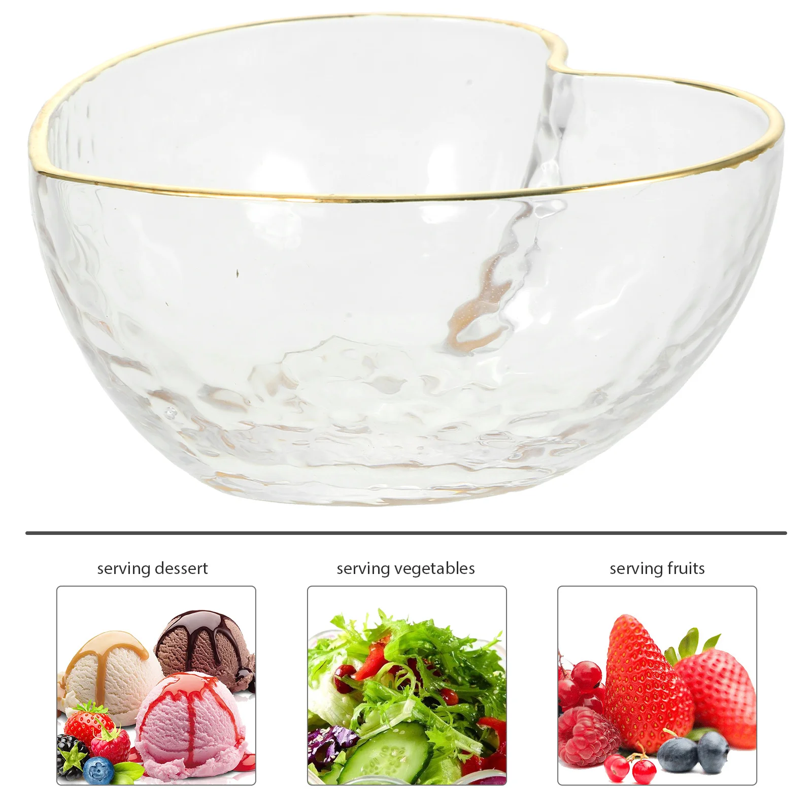 

Glass Crystal Heart Dessert Bowl Golden Trim Clear Bowl Serving Fruit Salad Snacks Elegant Design Wedding Party