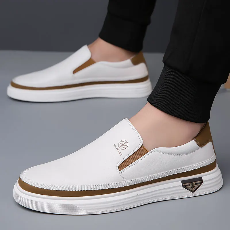

2025New Men's Genuine Leather Casual Sneakers Spring Summer Fashion Slip-On White Shoes Soft Sole Comfortable for Everyday Wear
