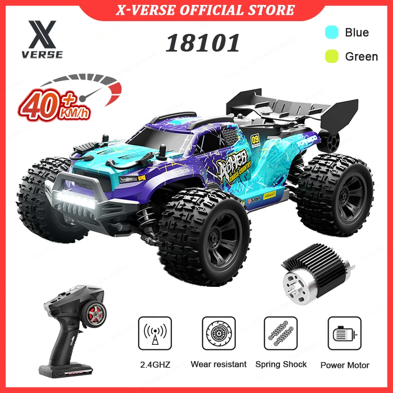 1:18 4WD RC Car with LED Lights 2.4G High Speed 40KM/H Off Road 4x4 Carbon Brush Remote Control Car Green Blue Kids Gifts