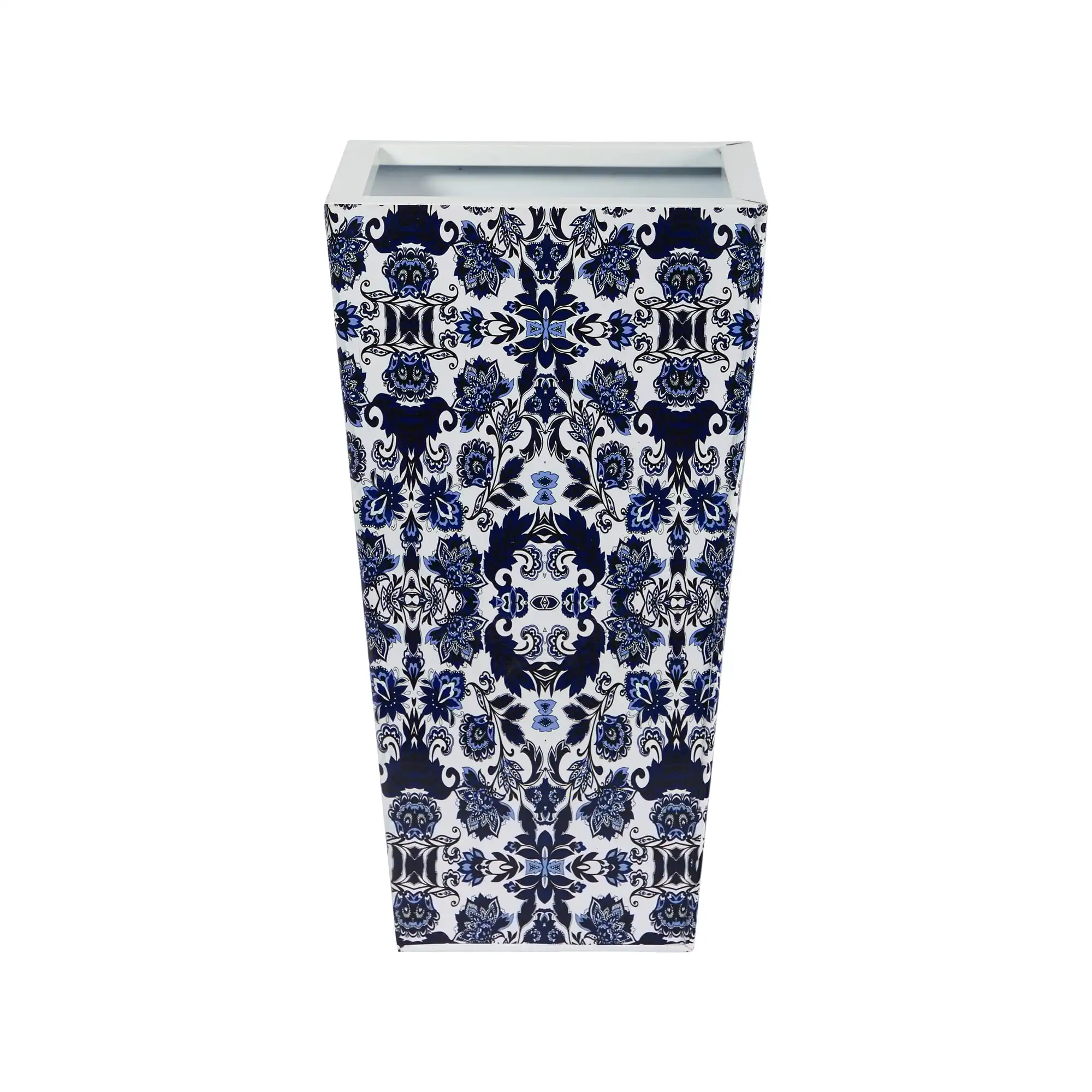 

10" x 10" x 18" Square Oriental Blue and White Metal Plant Planter