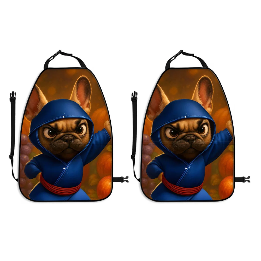 2pcs Cute French Bulldog Ninja Print Car Seat Back Covers With Storage Pockets, Rear Seat Kick Mats, Durable Fabric, Practical D
