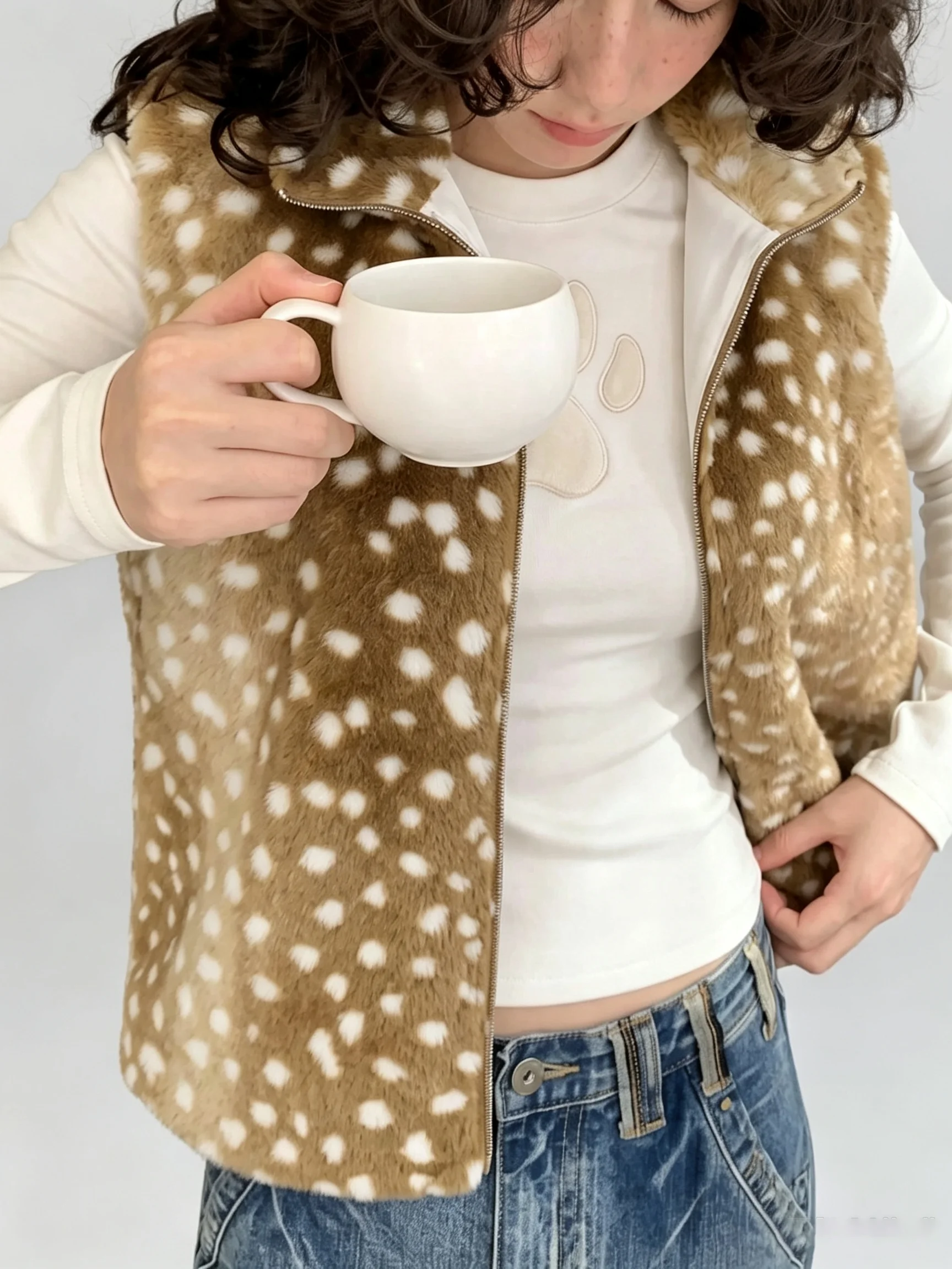 IG Women Deer Spotted Plush Faux Fur Vest, Stand Collar Full Zip Sleeveless Cropped, Soft Fluffy Warm Winter Casual Outerwear