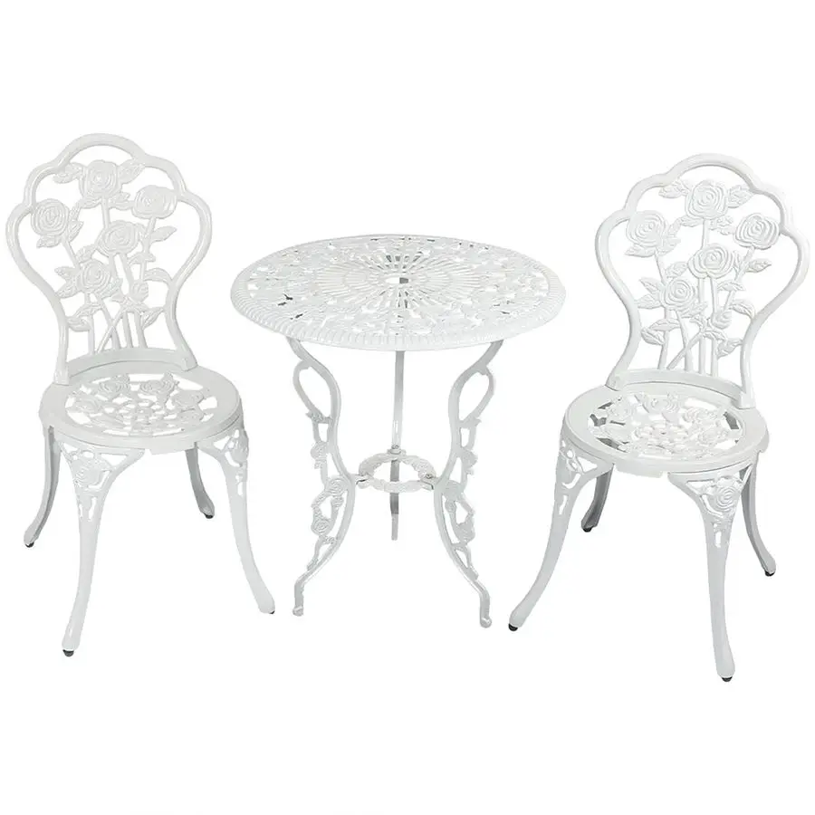 

3Piece Flower Designed Bistro Table Set with 2 Chairs, Outdoor Cast Aluminum, White
