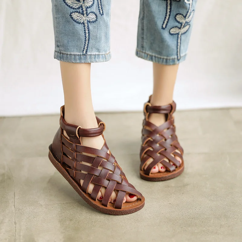 Genuine Leather Women sandals Handmade weaving Flats Casual Ladies Shoes Hollow Peep Toe Outdoor Sports Women Flat Shoes