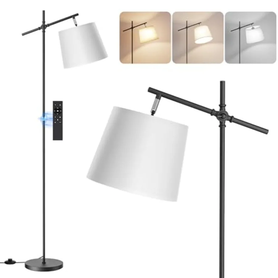 

Floor Lamp with Linen Shade, Dimmable Tall Standing Lamp with Remote Control and 3 Color Temperatures Bulb, Modern Swing Arm Fl