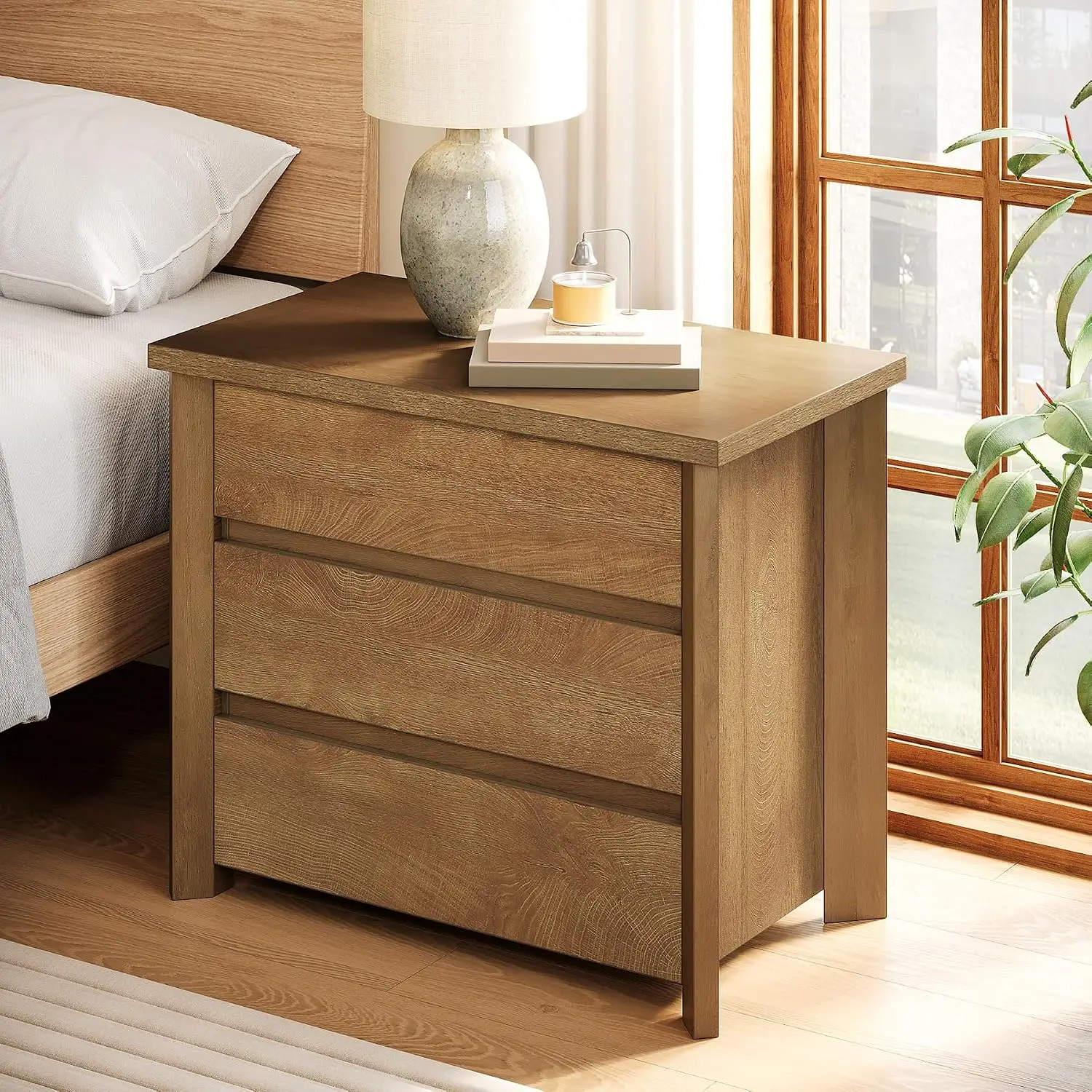 Oversized 3 Drawers Nightstand, Large Rustic Wood Night Stands with Storage for Bedroom and Small Spaces, Easy Assembly, Rustic