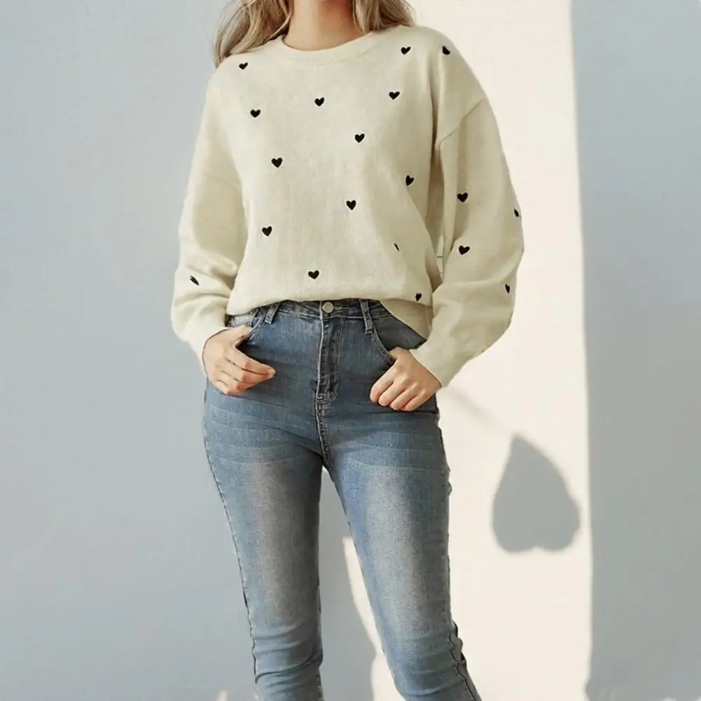 

Women Knitting Sweater Heart Pattern Knitwear Women's Round Neck Sweater with Long Sleeve Loose Fit Pullover Tops for Stretchy