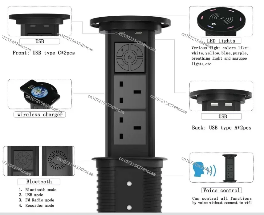 New Voice Control Pop Up Outlet Furniture Kitchen Office Worktop Countertop Motorized Pop Up Socket With Speaker