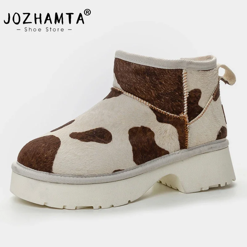 JOZHAMTA Size 35-40 Real Leather  Snow Boots Women Round Toe Slip-On Thick Sole Boots Plush Fur Warm Platform Casual Shoes