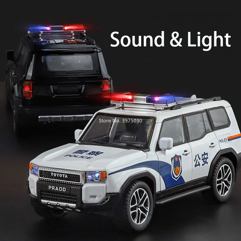 Modele samochodów Toyota Prado LC250 ze stopu 1:24, odlewane ciśnieniowo, zabawki z napędem pull-back, miniaturowe samochody policyjne z oświetleniem i muzyką, pojazdy dla dzieci na prezent.