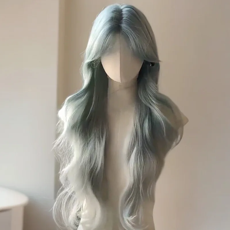 Peruka z długimi włosami dla kobiet, długie falowane włosy z niebieskim gradientem, duże fale, realistyczna i elegancka peruka na całą głowę.