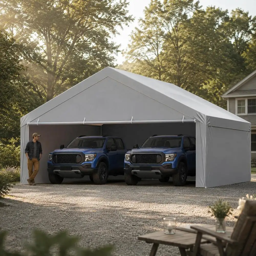 Ersatzdach für Carport, 6x6 m, tragbares Garagenzelt mit Seitenwänden, UV-beständig, strapazierfähiges Schutzdach für Autos, grau, Rahmen nicht enthalten.