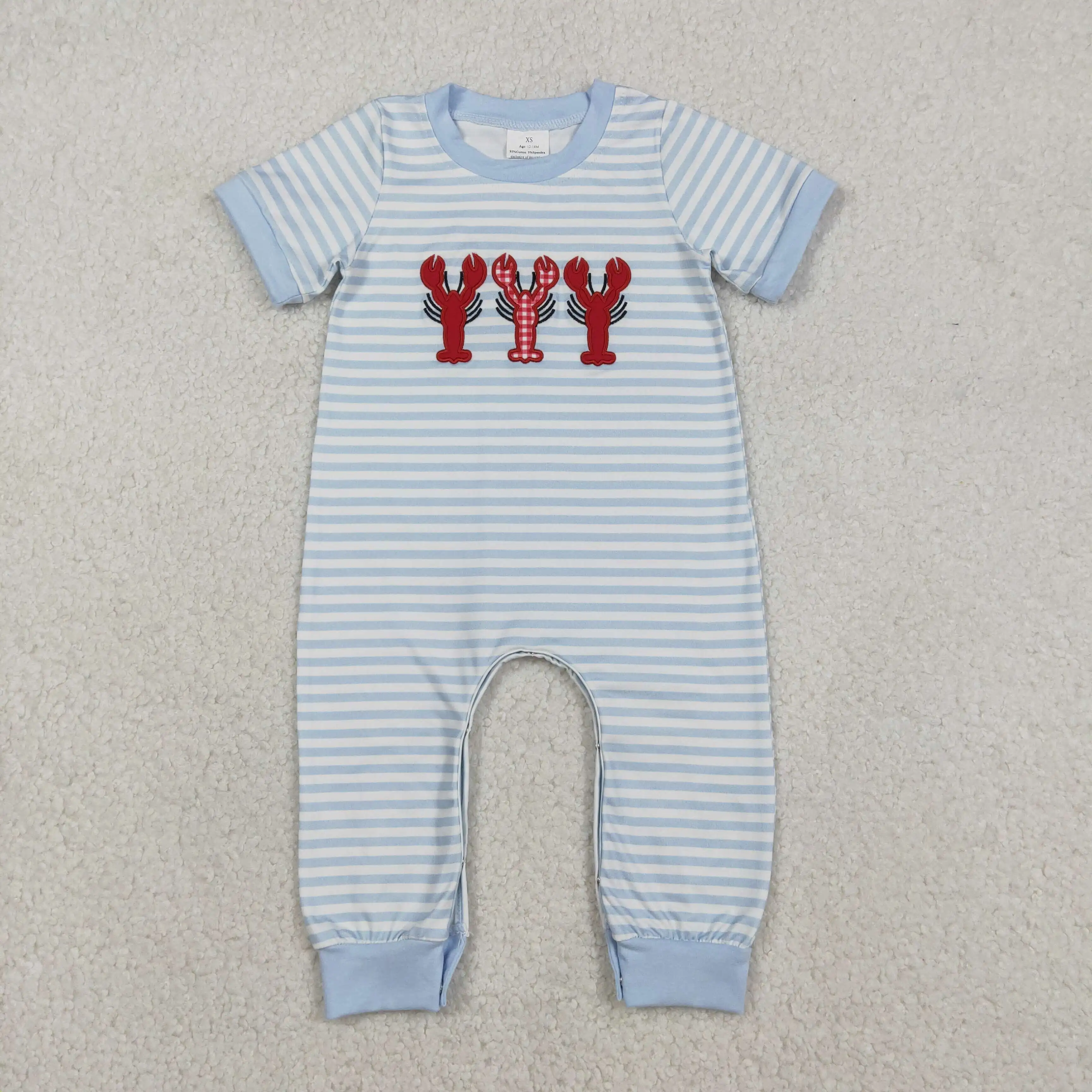 

X12.15 SR3333 New summer embroidered blue striped lobster short-sleeved romper for baby boys.