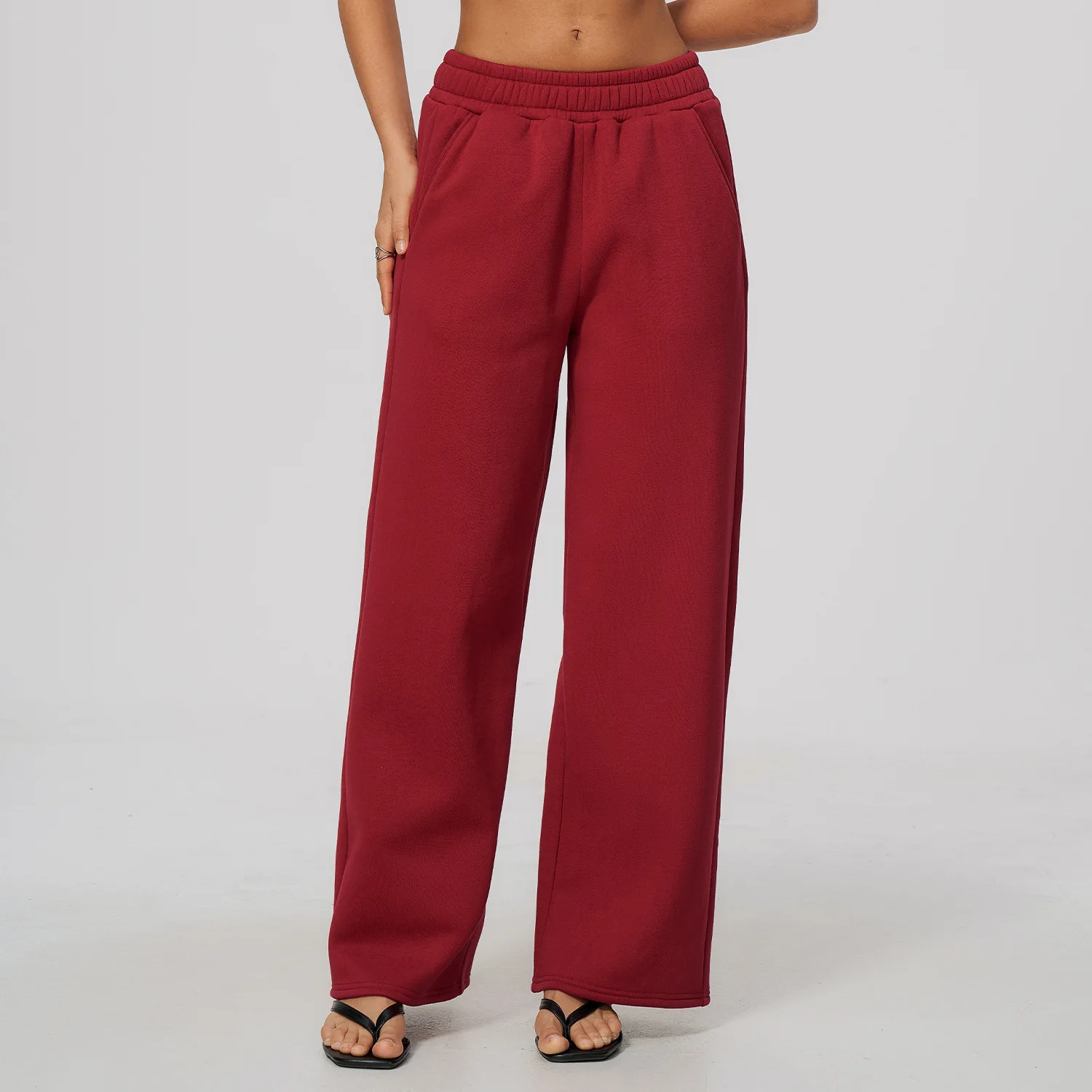 Women Yoga Pants Wide Leg Sweatpants Baggy High Waist Elastic Joggers Pockets Gym Workout Running Fitness Thermal Warm Solid Red