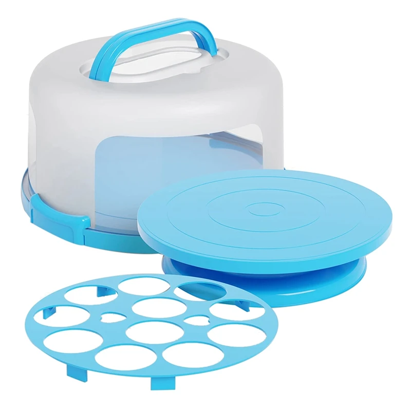 

LICG Cake Cupcake Carrier With Lid And Handle + Cake Stand Plate With Dome 10Inch Round Cake Container Holder With Cover Blue