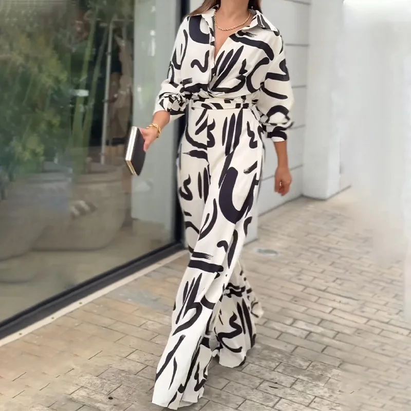 Spring Autumn Black White Print Jumpsuits Women Long Sleeve V-neck High Waist Wide Leg Jumpsuit Fashion Lady Commuting Clothing