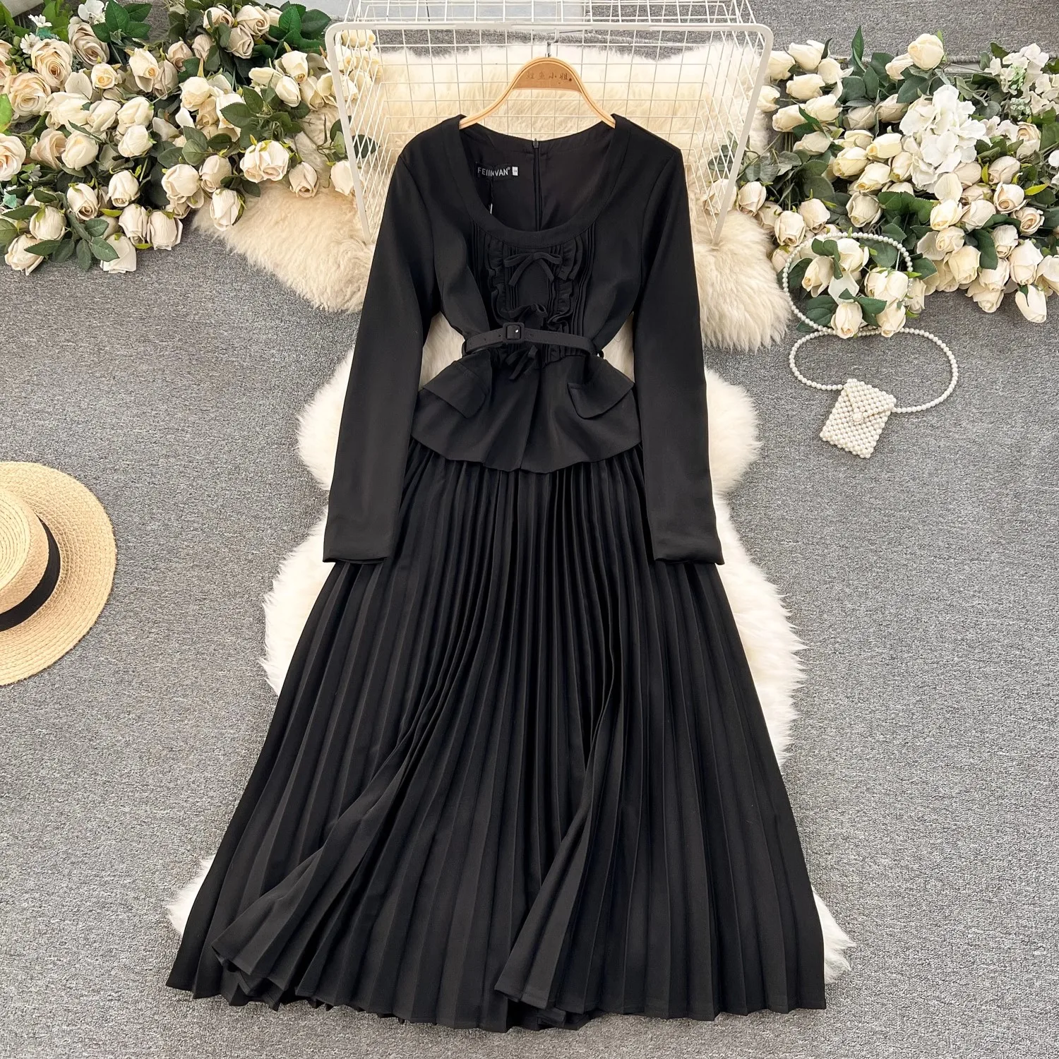 New 2024 Spring Summer Faux 2 Peice Women High Quality Fashion O Neck Bow Long Sleeve Belt Office Casual Party Dresses