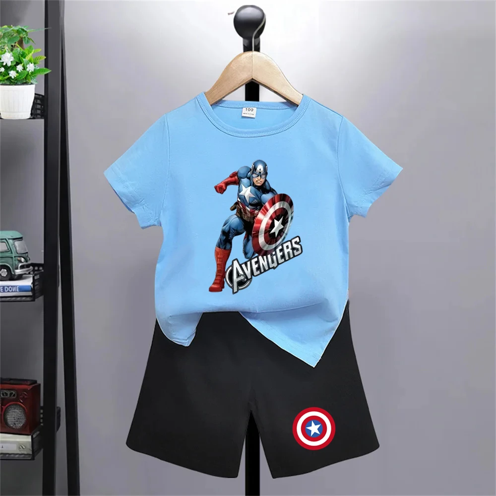 

Kids Boys T-shirt suit Marvel Captain America black Clothing print kids short sleeve shorts 2-piece set for girls Crewneck