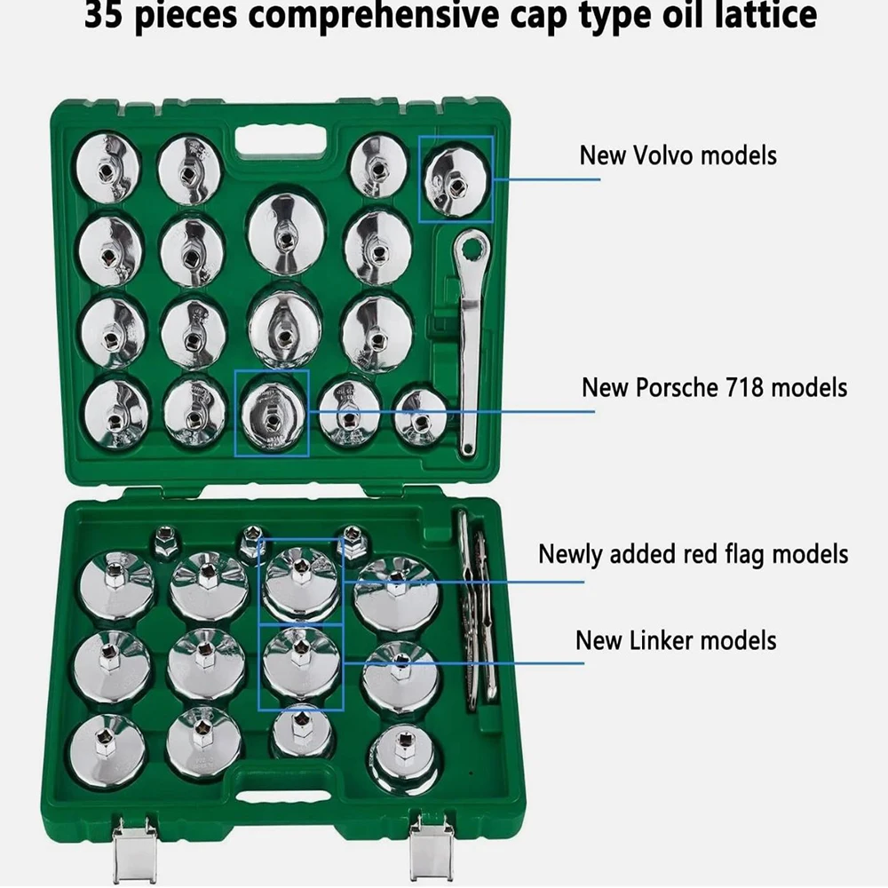 

Набор из 35 предметов для снятия масляных фильтров: торцевые ключи для BMW, Mercedes-Benz, Volkswagen, Audi, Land Rover, Porsche, Volvo и др.