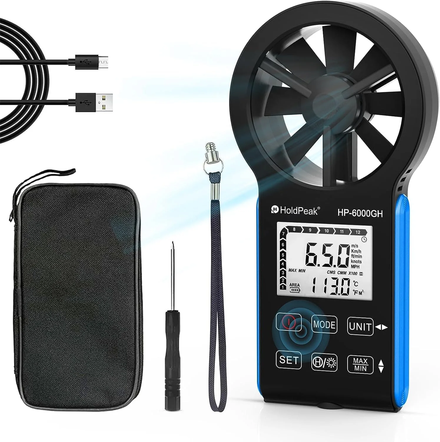 

Handheld Wind Gauge Digital Aneometer, HP-6000GH Air Flow Speed Wind Speed CFM Meter Measurement of Air Velocity Air Volume Temp