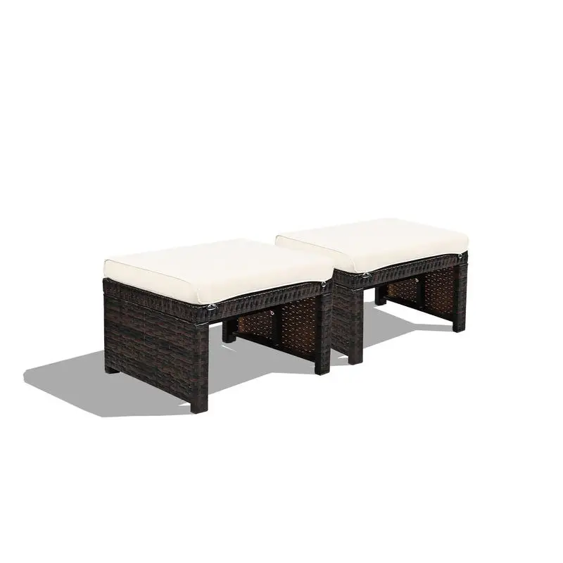 

2 Pieces Patio Rattan Ottomans with Soft Cushion for Patio and Garden-White