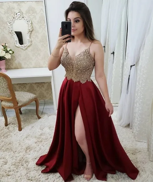 ANGELSBRIDEP gaun pesta malam tali Spaghetti Burgundy gaun manik-manik renda belahan samping seksi gaun Prom disesuaikan