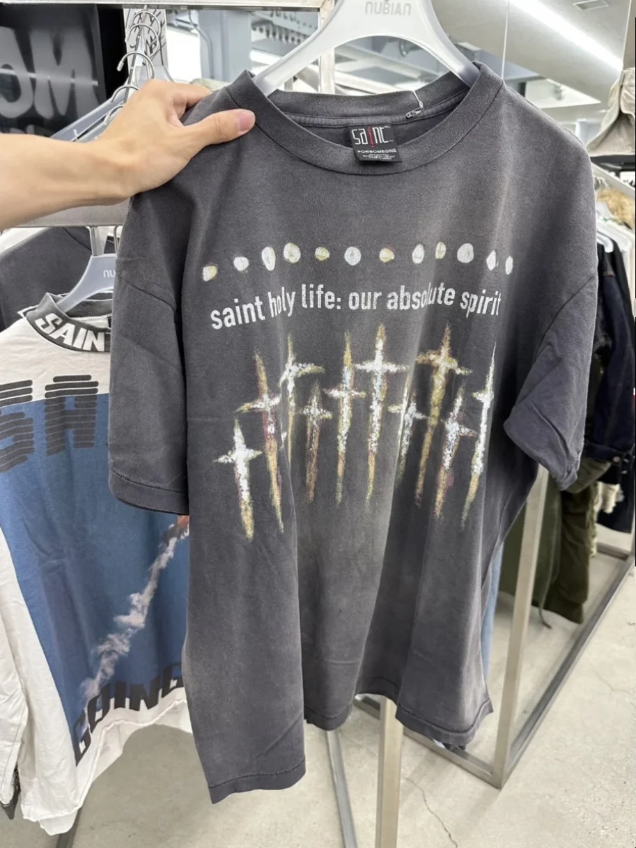 

Футболка SAINICHAEL FORSOMEONE Collaborated GOD с эффектом потертости, винтажная, с коротким рукавом, унисекс, свободного кроя, из хлопка, с круглым вырезом