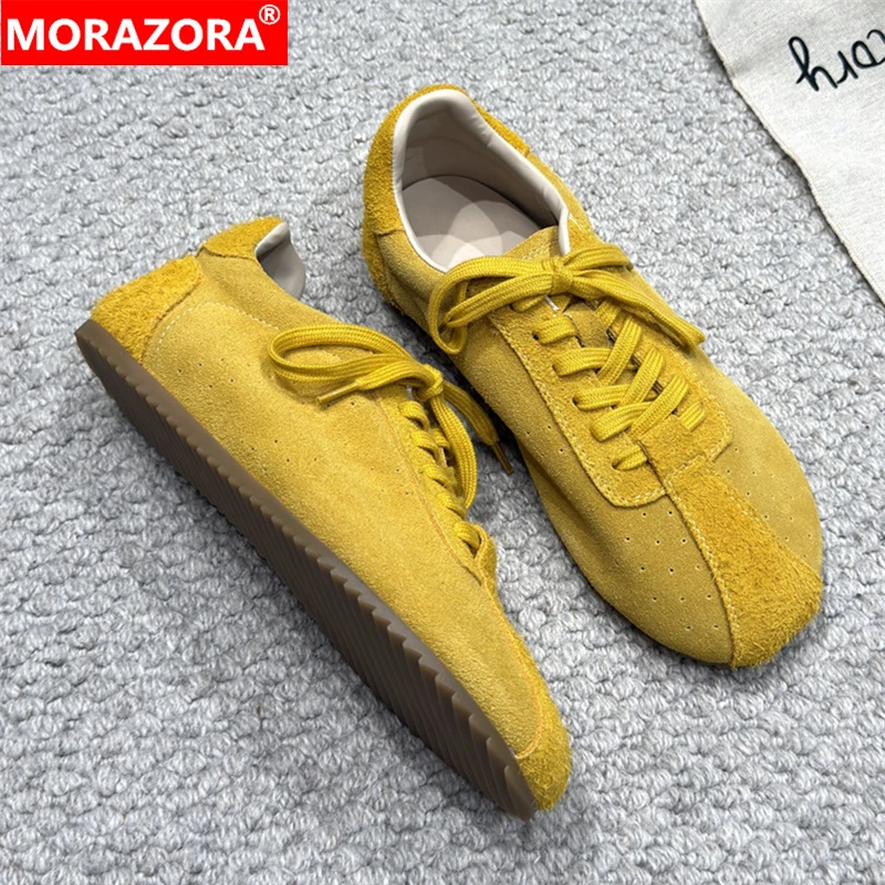 

MORAZORA 4 Colors Cow Suede Leather Women Sneakers Spring Summer Ladies Casual Sneakers Round Toe Fashion Flat Shoes Pink Yellow