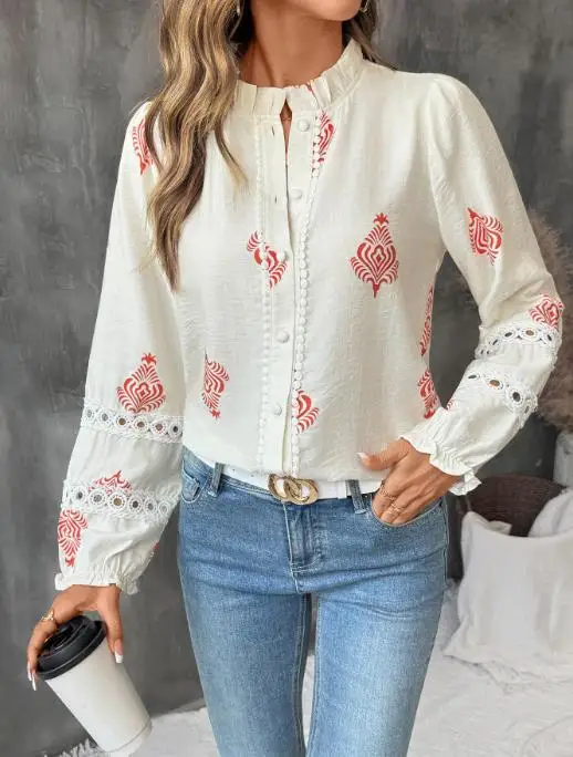 

Autumn Single Breasted Stand Up Collar Ethnic Style Printed Women's Shirt Elegant Slim Fit Pleated Hollow Long Sleeved Shirt