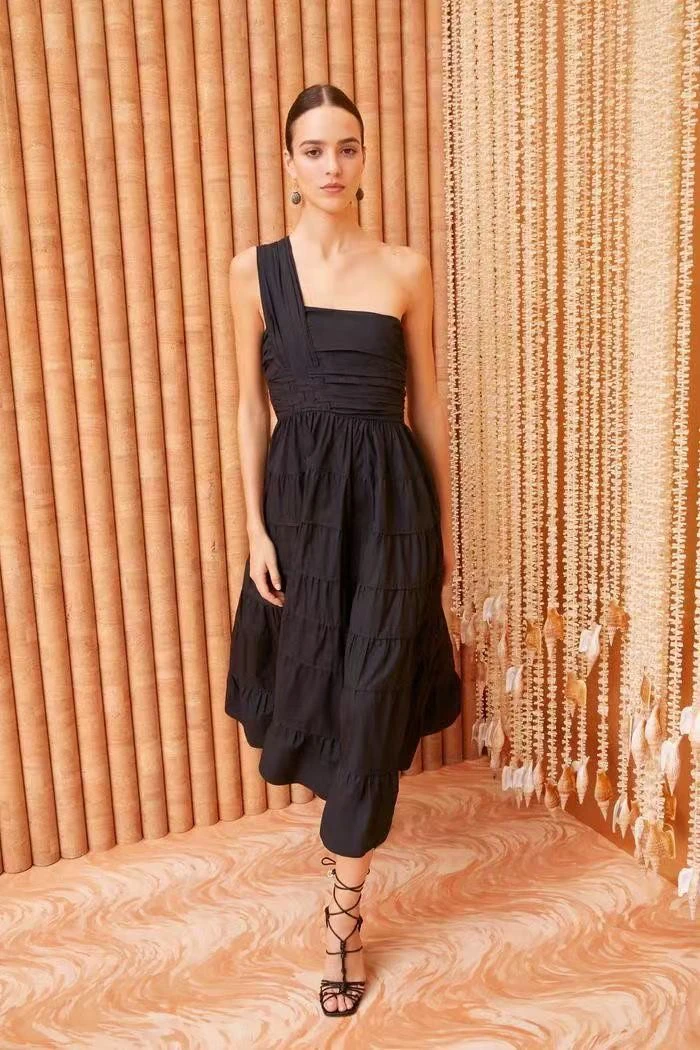 

Women One Shoulder Folded Waist Midi Cotton Dress