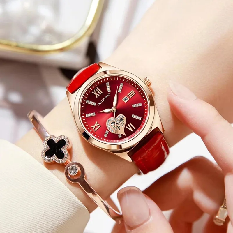 UTHAI Women\'s Watch Elegant Light Luxury Red Leather Love Waterproof Calendar Ladies Fashion Quartz Watches Valentine\'s Day Gift