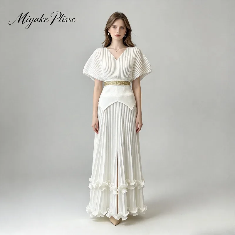 Conjunto de Vestido para Mujer, Novedad Primavera-Otoño 2026, Cuello en V, Lentejuelas de Lujo, Cinturón Dorado, Dobladillo con Volantes, Falda Amplia, Plisado con Mangas Murciélago