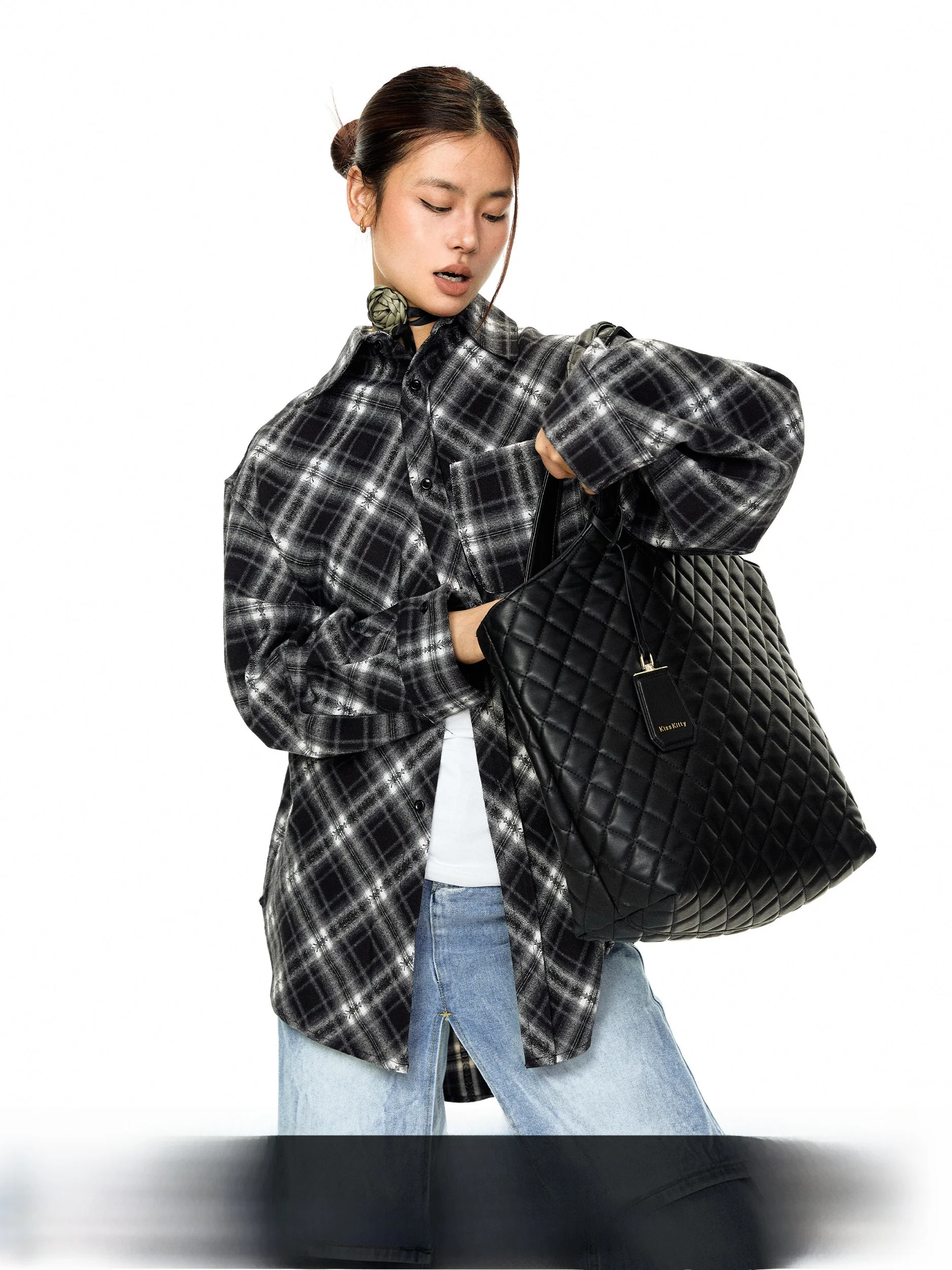 

Blackbb Retro Pleated Structure Black And White Plaid Shirt Women's Spring Loose Casual Versatile Commuting Shirt