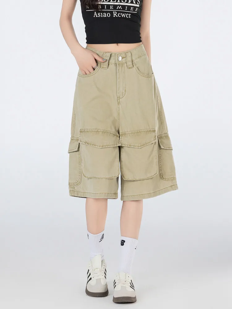 

American Retro High Waist Knee Length Baggy Jeans Shorts Women Y2K Streetwear Casual Pocket Denim Straight Wide Short Pants