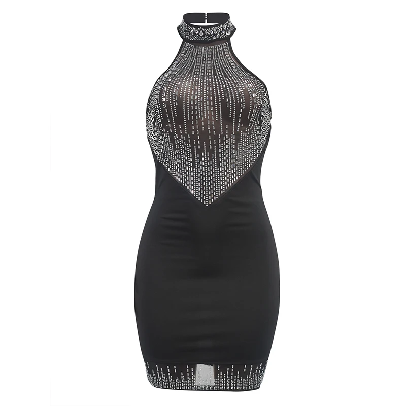 Europeo e americano 2024 moda estiva diamante caldo Sexy aperto indietro prospettiva senza maniche Splicing appeso al collo vestito