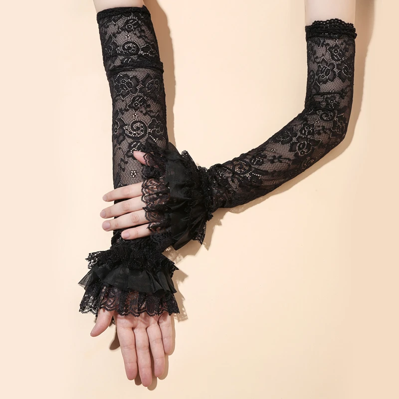 Guantes de encaje con hermosas flores para niña, protección solar de verano a la moda, mangas largas ahuecadas, guantes de boda sin dedos