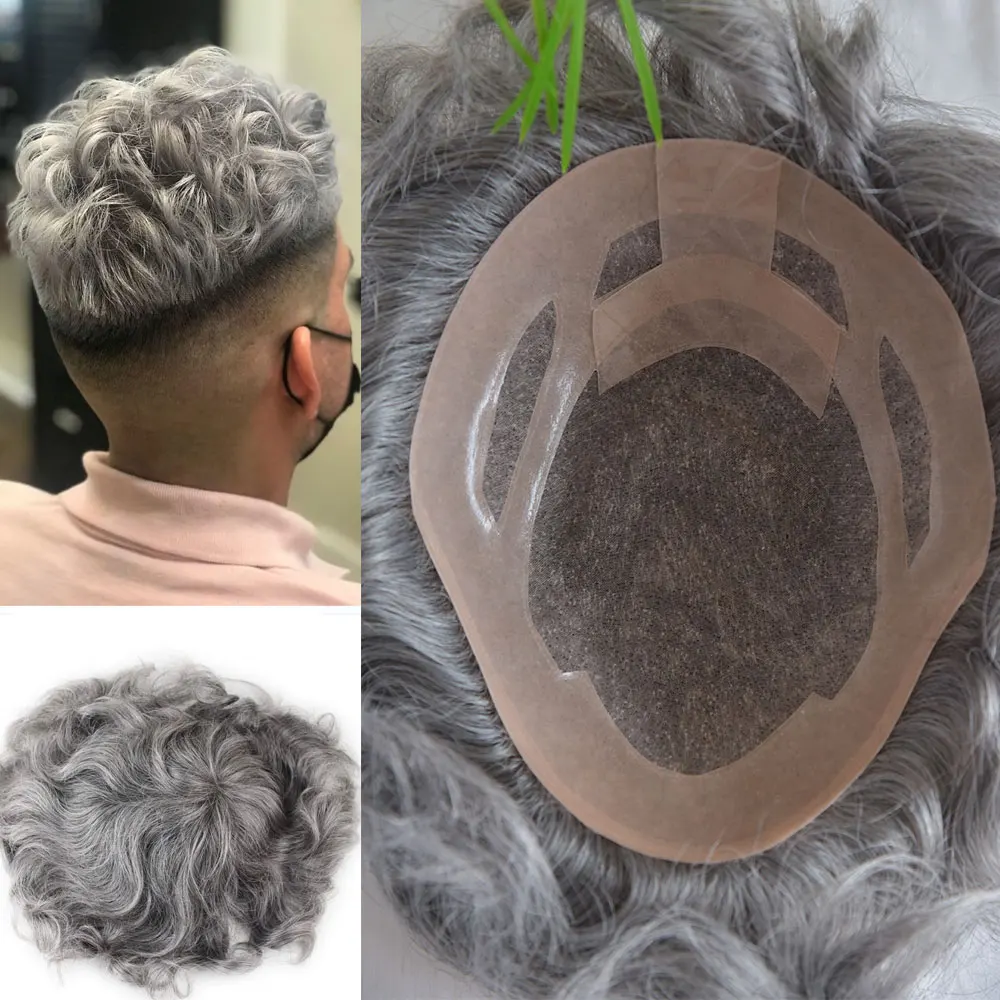 Grey Mens Toupee Mono Base with NPU Around Hair Men's Toupee Hair Real Human Replacement System for Man Freestyle Natural Wigs