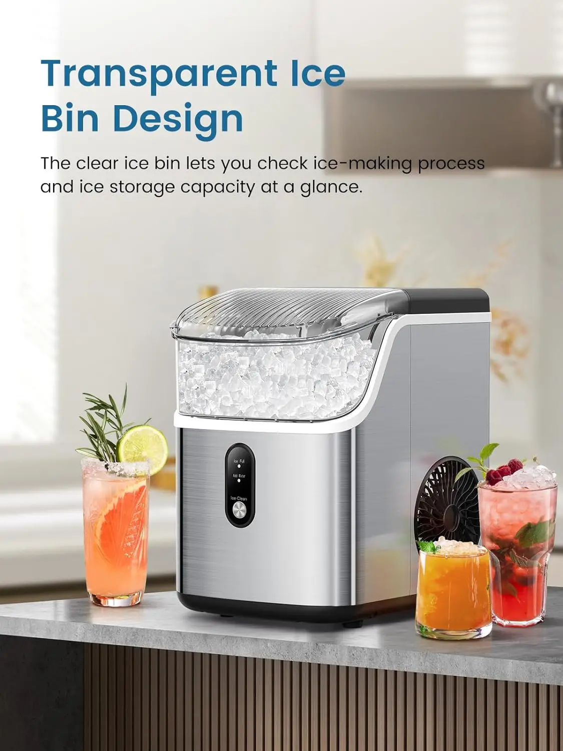 Nugget Ice Maker Countertop, Soft Chewable Nugget Ice Cubes Machine, One-Button Quick Ice Making 34Lbs/Day, Self-Cleaning