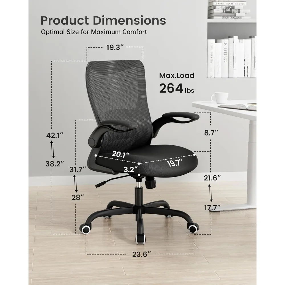 Silla de oficina ergonómica con soporte Lumbar ajustable y reposabrazos abatible hacia arriba, silla de ordenador de malla transpirable