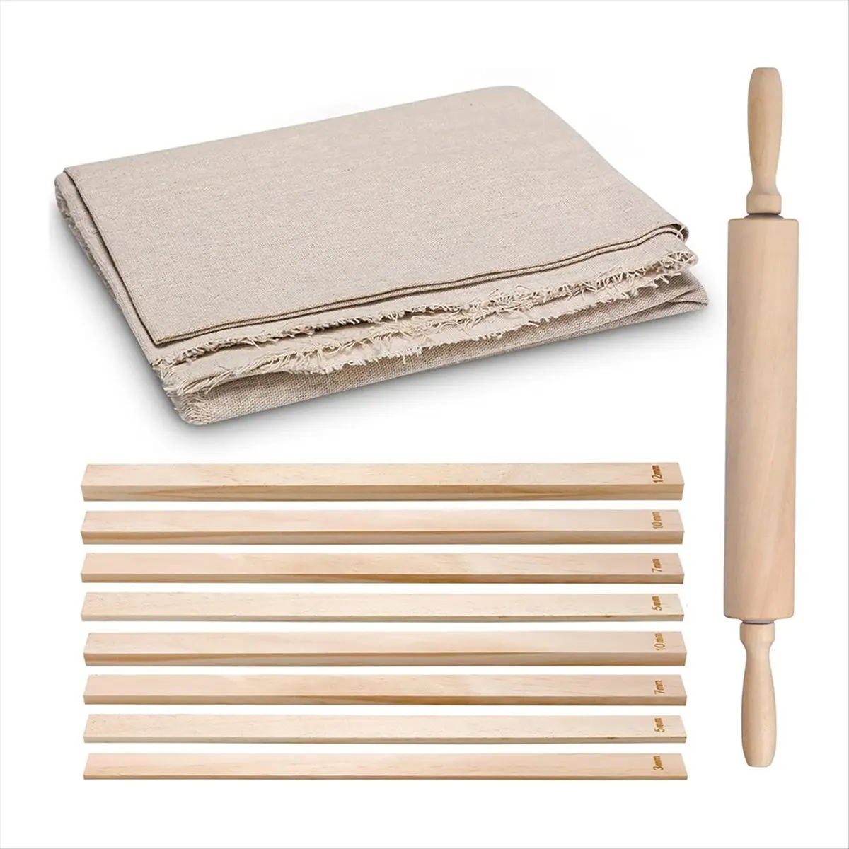 AT16 12 Pcs Pottery Tools 1 Wood Rolling Pin 1 Pottery Wedging Board/Linen Tablecloth and 10 Pcs 5 Size Teaching Rolling