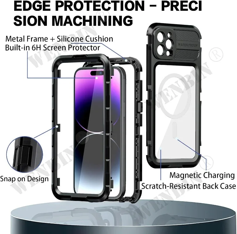 Luxury Metal Waterproof For iPhone 15 Pro Max Plus With Built-in Screen Protector Rugged Full Body Military Dropproof Cover