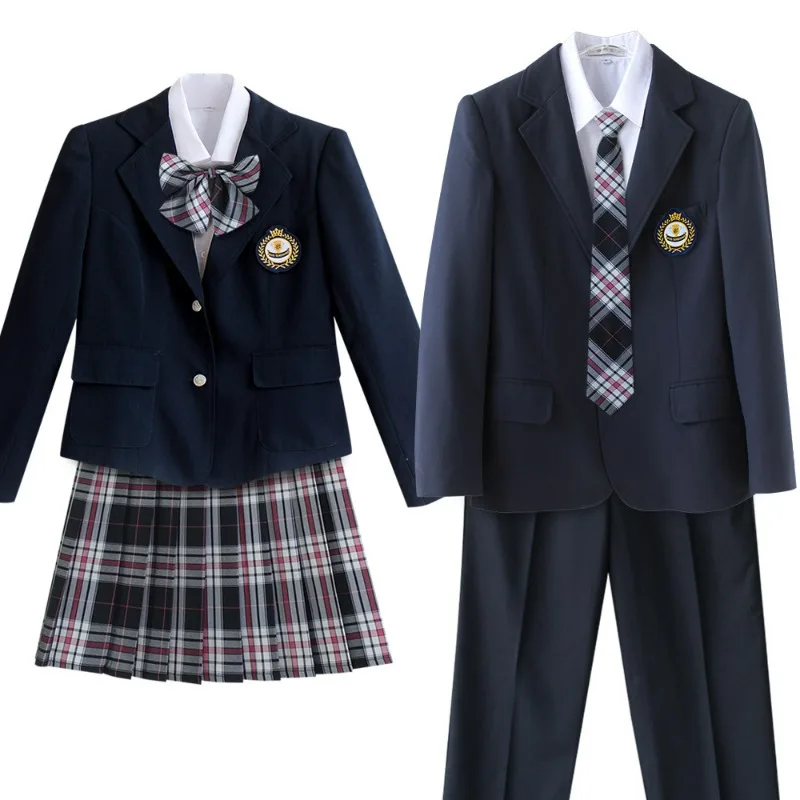 5PCS 유니섹스 한국 영국 일본 학교 유니폼 복장 애니메이션 코스프레 의상 세트 블레이저 셔츠 타이 배지 격자 무늬 스커트