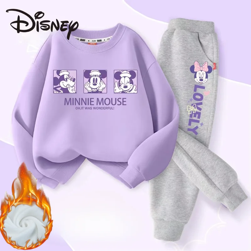 Winter Baby Girl Clothes Set Kid Boy Disney Minnie Sweatshirts Pullover & Pants 2pcs Suit Children Long Sleeve Plush Warm Suit