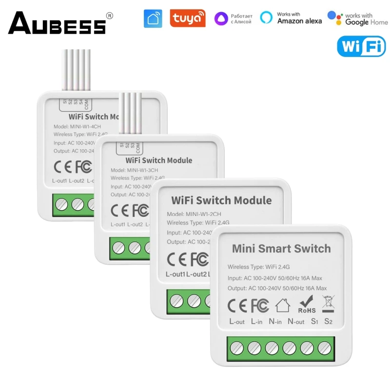 Aubess TUYA WiFi Mini Smart Switch 1/2/3/4 Gang Smart Life APP Wireless Remote Control Voice Control work with Alexa Google