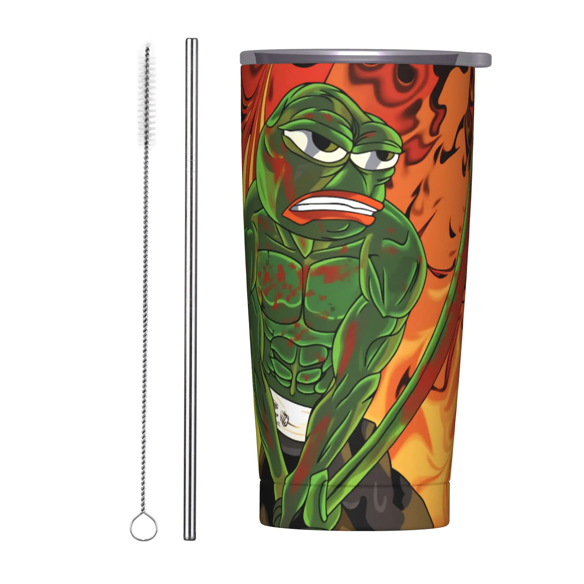 Angry P-Pepe Frog Insulated Tumbler with Straws Stupid Meme Vacuum Thermal Mug Outdoor Travel Car Bottle Cups, 20oz