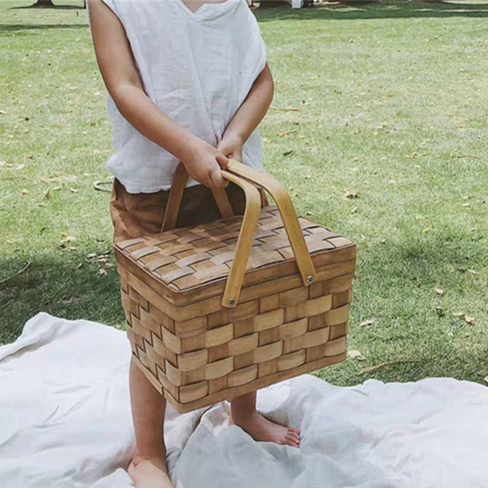 

Wooden Woven Basket Picnic Fruit Storage Container Portable Gift Packaging Vegetables Holder Sundries Organizer Flower