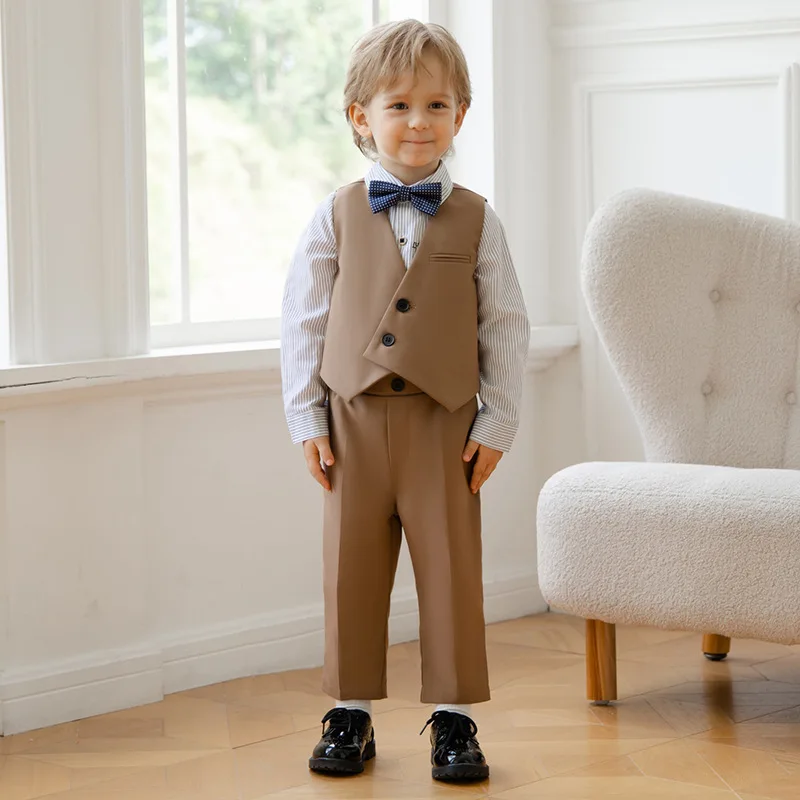 

Children's Spring Autumn British Style Vest Suit Boys Wedding Piano Photo Host Chorus Costume Kids Waistcoat Pants Bowtie