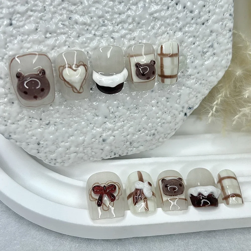 10 Pieces Autumn and Winter Maillard Handmade Press On Nails Cute Cartoon Bear Love Bow Fake Nails Removable and Reusable